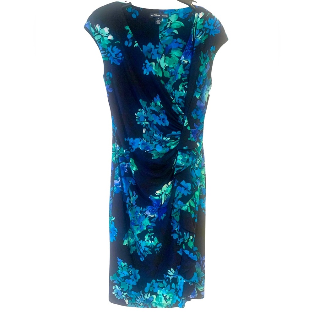 NWT American Living Navy Blue Floral Dress Sleeveless V Neck Gather Waist Size 8